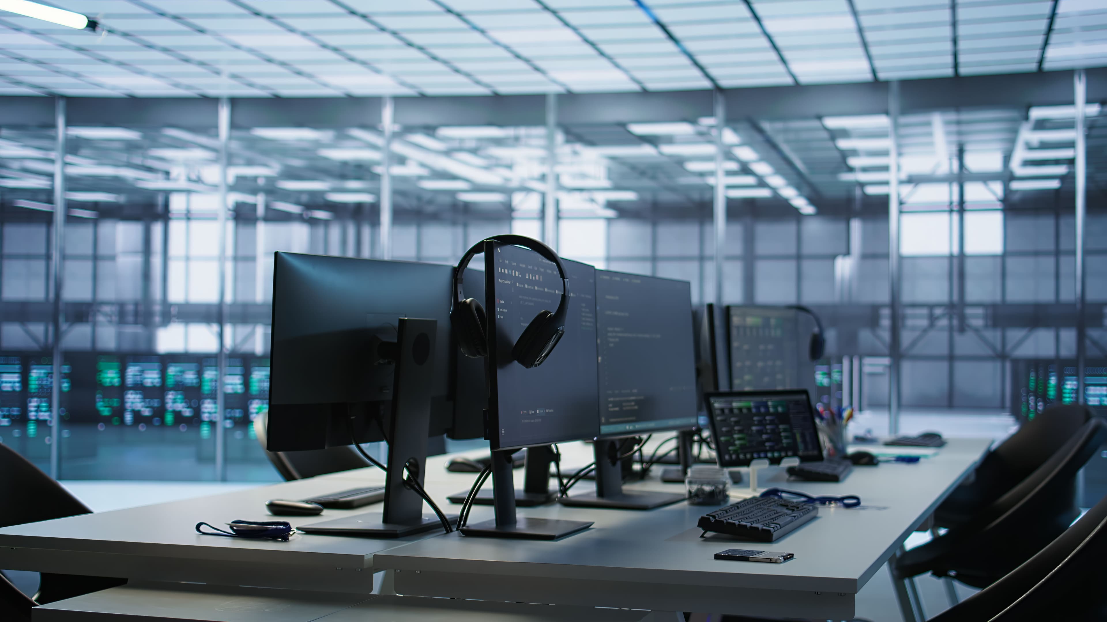 un ufficio vuoto con una serie di computer